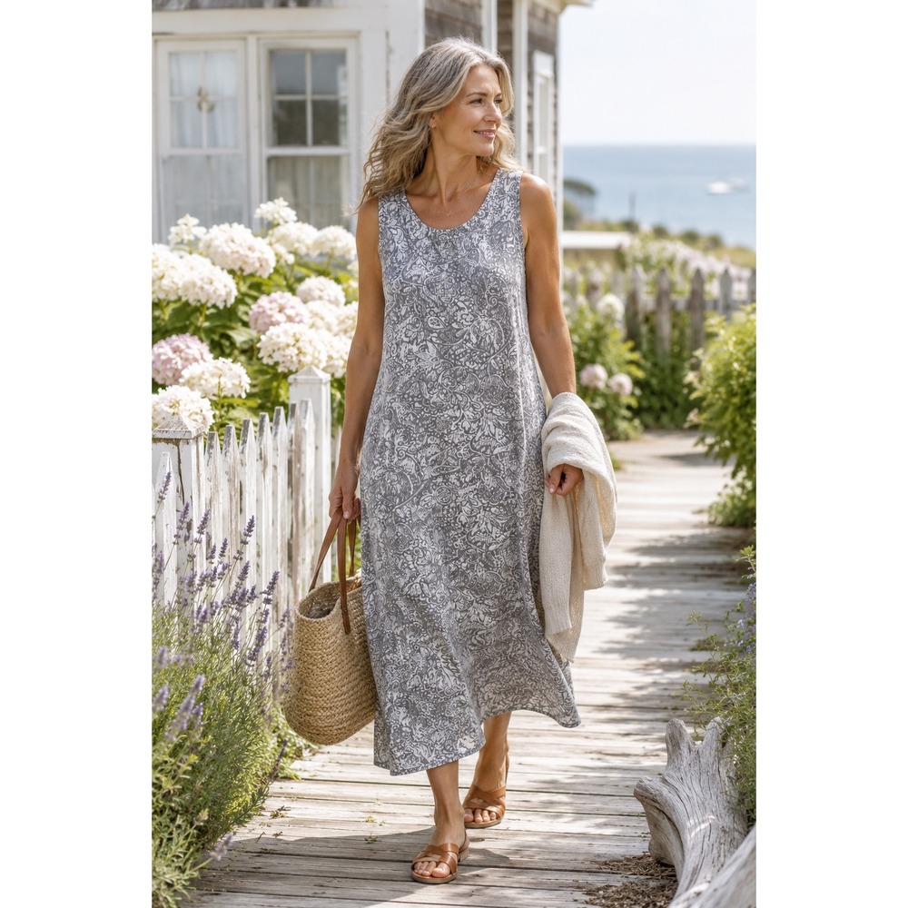 Sigrid Olsen Sport Paisley Textured Maxi Dress Grey White Size 6 Sleeveless